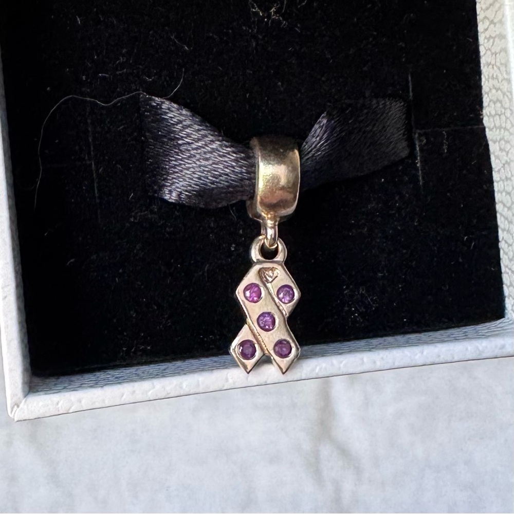 Pandora Retired Breast Cancer Ribbon Charm Pink Sapphires 14k IN BOX 750342PSA
